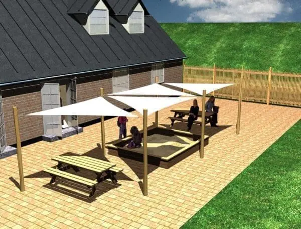 Solskjermsystem. 4 stk. 3x3x3x3x3 m. + 6 stolper