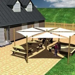 System for solskjerming. 6 stk 3x3x3x3x3 m. + 7 stolper