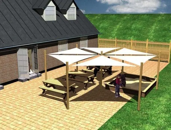 System for solskjerming. 6 stk 3x3x3x3x3 m. + 7 stolper