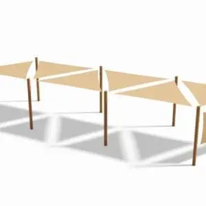 Solskjermsystem. 6 stk. 3x3x3x3x3 m. + 8 stolper + 1 sideseil