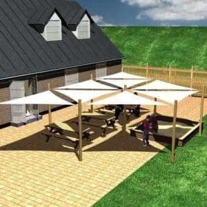 Solskjermsystem. 8 stk. 3x3x3x3x3 m. + 9 stolper