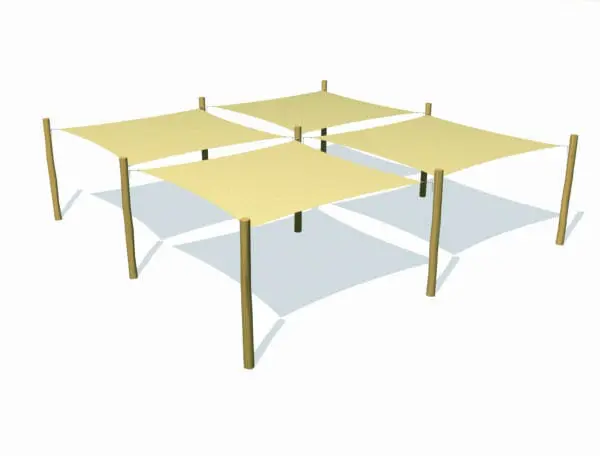 Solskjermsystem. 4 stk. hdpe 3,6x3,6 m + 9 stolper